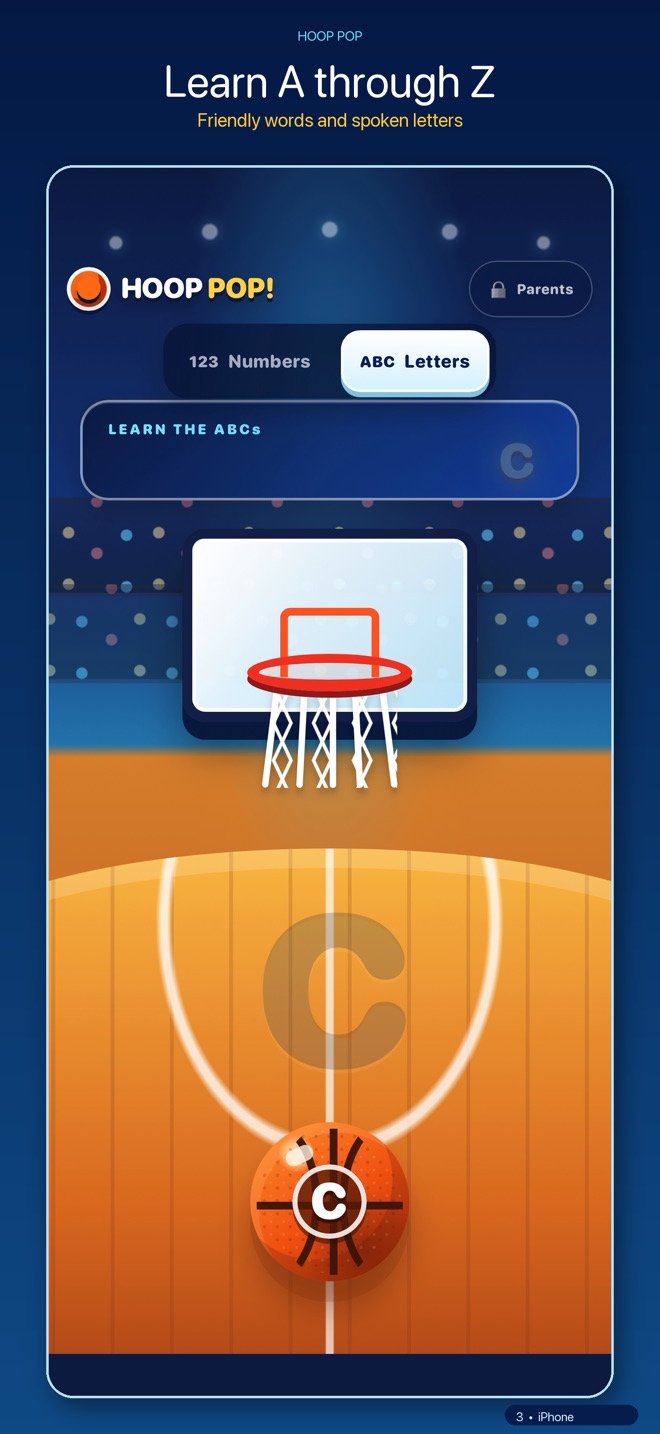 Letters mode teaching A through Z